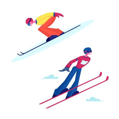 Erkek ve Kadın Karakterler Kayak Atlayıcıları. Sporcu ve Sporcu Kadın Olimpiyat Oyunları Şampiyonası veya Eğitiminde Uçuyor. Kış Spor Aktivitesi Çizgi Filmi Düz Vektör İllüstrasyonu