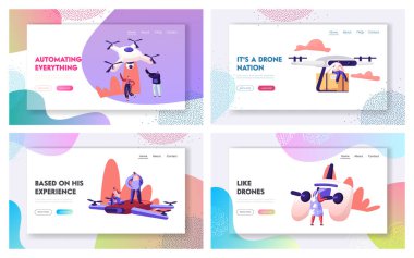Yeni Teknolojiler Web Sitesi İniş Sayfası Seti. Eğlence ve Mal Teslimatı için Drones ve Quadcopters Denetleme ve Pilotluk yapan Mutlu İnsanlar. Web Sayfası Afişi. Çizgi film Düz Vektör İllüstrasyonu