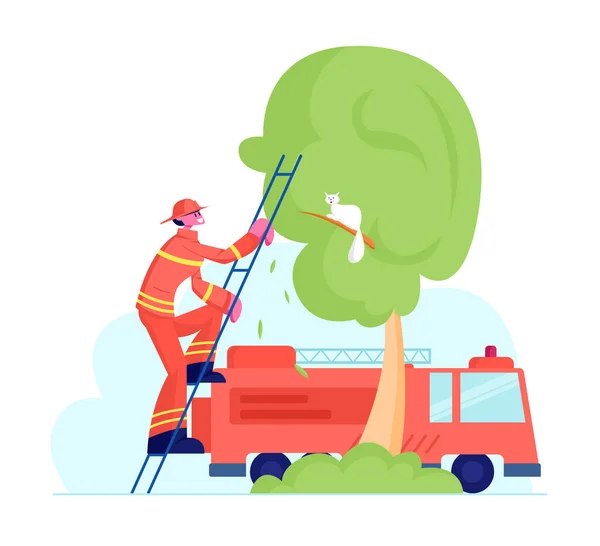 Brave Fireman in Red Protective Uniform and Helmet Climbing Truck Ladder to Save Cat from High Tree with Firetruck Standing near. Професія пожежника. Cartoon Flat Vector Illustration — стоковий вектор