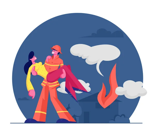 消防士は火から少女を救う。手の上に保護衣装やヘルメット保持女性で強力な消防士は、燃焼ハウスを実行します。危険な救助者の職業。漫画フラットベクトルイラスト — ストックベクタ
