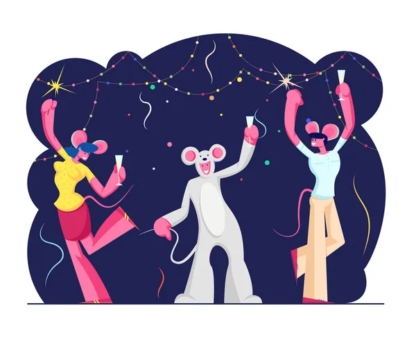 Fête du Nouvel An 2020. Groupe de personnes gaies, Compagnie d'amis portant des costumes de souris dansant dans une chambre décorée avec champagne et étincelles dans les mains. Illustration vectorielle plate de bande dessinée — Image vectorielle
