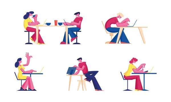Люди, що працюють на ноутбуках у кафе Set. Чоловіки і жінки Фрілансери сидять за столами пити напої і використовувати гаджети в ресторані або кафетерії. Мультфільм плоский Векторні ілюстрації — стоковий вектор