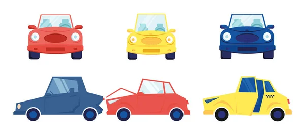 Cars Set Isolated on White Background. Different Multicolored Sedan Cars Front and Side View Taxi Cab Accident Situation with Automobile Having Broken Bumper Cartoon Flat Vector Illustration, Clip Art — Stock Vector