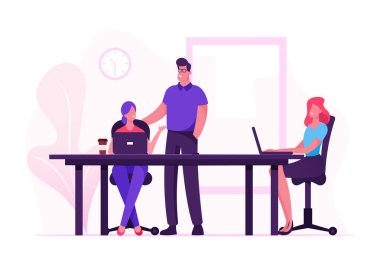 İş Ekibi Yaratıcı Kadınlar Ofis Masasında Dizüstü bilgisayarlarıyla oturuyor. Stüdyoda Patron Adam çalışıyor. Ofis çalışanları, iş adamları şirkette çalışıyor, takım çalışması. Çizgi film Düz Vektör İllüstrasyonu