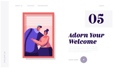 Aşk İlişkileri Web Sitesi İniş Sayfası. Açık Pencere 'de birbirine sarılan mutlu çift. Gülümseyen Adam ve Kadın Kucaklaşarak Sokak Web Sayfası Afişi 'ne bakıyorlar. Çizgi film Düz Vektör İllüstrasyonu