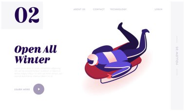 Winter Sport Skeleton Web Sitesi İniş Sayfası. Yüzükoyun Sledge 'da uzanan sporcu hızla aşağı iniyor. Spor Malzemeleri Yarışması Web Sayfası Afişi ile Luger. Çizgi film Düz Vektör İllüstrasyonu