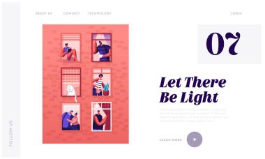 İnsan Hayatı Web Sitesi İniş Sayfası. Farklı İnsanlar ve Pencerelerdeki Kedi ile Dış Ev Duvarı. Mutlu Erkek ve Kadın Komşular Apartmanlardan Dışarı Bakar Web Sayfası Afişi. Çizgi film Düz Vektör İllüstrasyonu
