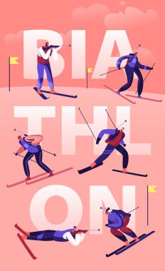 Biatlon Turnuvası Konsepti. Dünya Kupası Olimpiyat Oyunları Şampiyonası Poster Afişi Broşüründe Sportmen ve Sporcu Kadınlar Kayak ve Atıcılık. Çizgi film Düz Vektör İllüstrasyonu