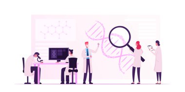Tıp Genetik Teknolojisi. DNA Yapısı ile çalışan bilim adamları, büyük büyüteçle PC 'ye notlar yazıyorlar. Laboratuvar araştırması ya da deney süreci. Çizgi film Düz Vektör İllüstrasyonu