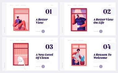 People Life and Mahallesi İniş Sayfası Seti. Erkek Kadın Karakterler ve Pencerelerdeki Evcil Kedi. Kahve içmek, okumak, Bitkileri Sulamak, Web Sayfası Afişi. Çizgi film Düz Vektör İllüstrasyonu