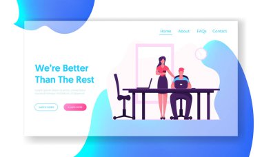 Takım çalışması Süreci Web Sitesi İniş Sayfası. Ofiste dizüstü bilgisayarla çalışan, yanında kahve standı olan bir iş kadını. Meslektaşlar İletişim Web Sayfası Afişi. Çizgi film Düz Vektör İllüstrasyonu