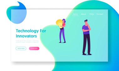Yaratıcı Fikir Sitesi İniş Sayfası. Genç Kadın Büyük Parlayan Ampul Tutuyor, Erkek Düşünen Duruş Duruşunda Duruyor. Insanların sezgileri, teknolojileri olan web sayfası afişi. Çizgi film Düz Vektör İllüstrasyonu