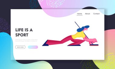 Winter Sport Web Sitesi İniş Sayfası. Körling müsabakası, Spor Hayatı Web Sayfası Afişi sırasında Buz İten Granit Kaya 'ya Çömelen Genç Kadın. Çizgi film Düz Vektör İllüstrasyonu