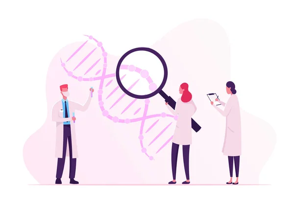 Para ilmuwan bekerja sama dengan Dna Looking through Huge Magnifying Glass and Making Notes. Dokter dengan Flask melakukan penelitian laboratorium. Ilustrasi Vektor Flat Kartun Pengujian Genetik Teknologi Kedokteran - Stok Vektor