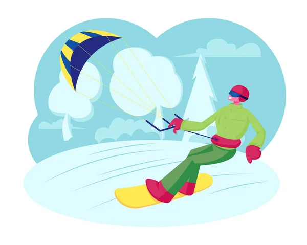 Sportsman Snowboarder in Colorful Wear, Helmet and Goggles Holding Kite Riding Fast by Icy Surface (em inglês). Tempo de inverno Atividades ao ar livre, Recreação esportiva Resort, Aventura. Desenhos animados ilustração vetorial plana — Vetor de Stock