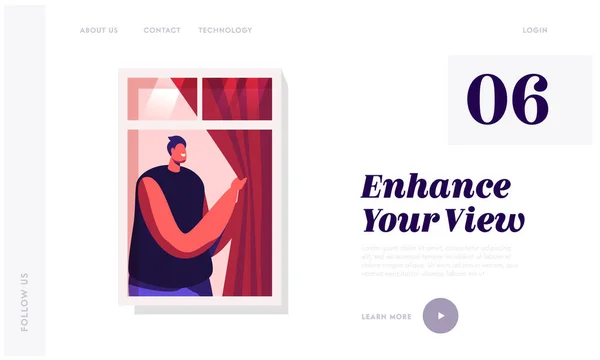 城市生活与居住网站登陆页面。 年轻人打开或关上窗户上的窗帘透过玻璃看大街上。 人类生活方式行为网页横幅。 卡通平面矢量图解 — 图库矢量图片