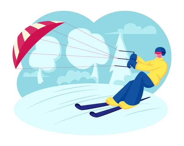 Happy Sportsman of Sportvrouw in Heldere Kleren Skiën met Kite op met sneeuw bedekte bevroren oppervlak op de Winter Zonnige Dag. Ski Kiting of Snowkiting Extreme Sport Recreatie Cartoon Flat Vector Illustratie — Stockvector