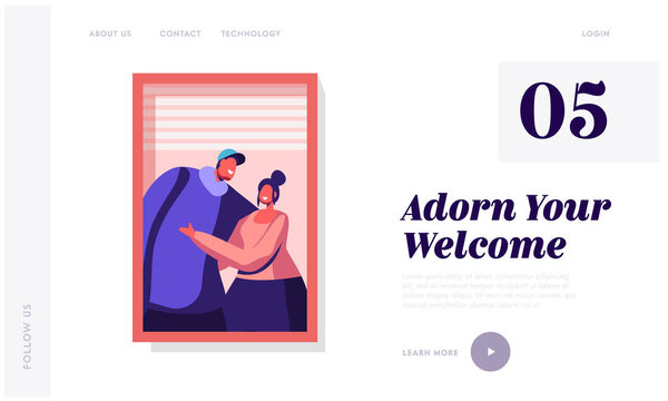 Loving Relations Website Landing Page. Happy Couple Hugging Each Other Standing at Open Window. Smiling Man and Woman Cuddling Looking Out on Street Web Page Banner. Cartoon Flat Vector Illustration