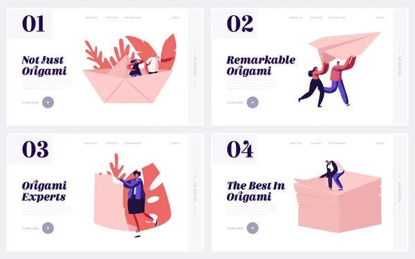 Origami Art Site Landing Page Set. Pessoas felizes fazendo figuras de folhas de papel. Caráter masculino e feminino minúsculo Papelada Ocupação, Creative Hobby Web Page Banner. Desenhos animados ilustração vetorial plana —  Vetores de Stock