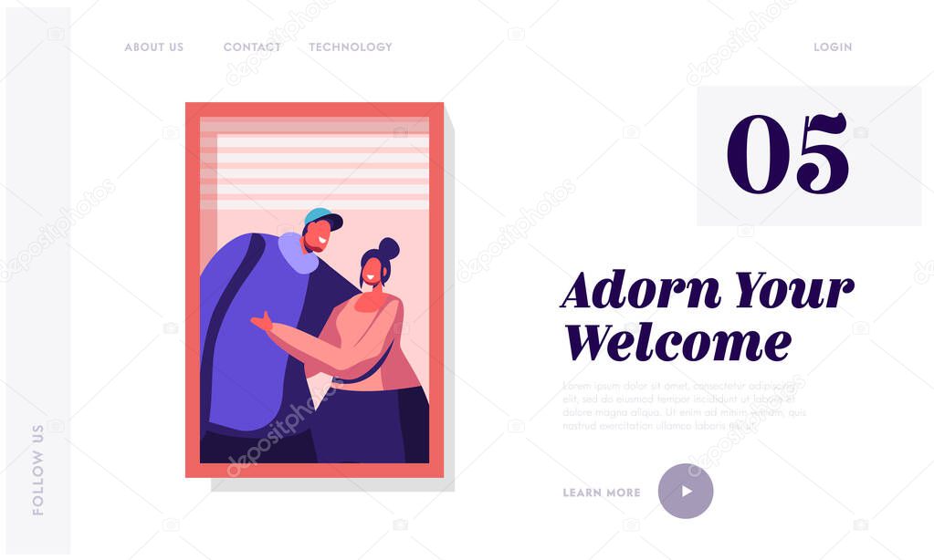 Loving Relations Website Landing Page. Happy Couple Hugging Each Other Standing at Open Window. Smiling Man and Woman Cuddling Looking Out on Street Web Page Banner. Cartoon Flat Vector Illustration