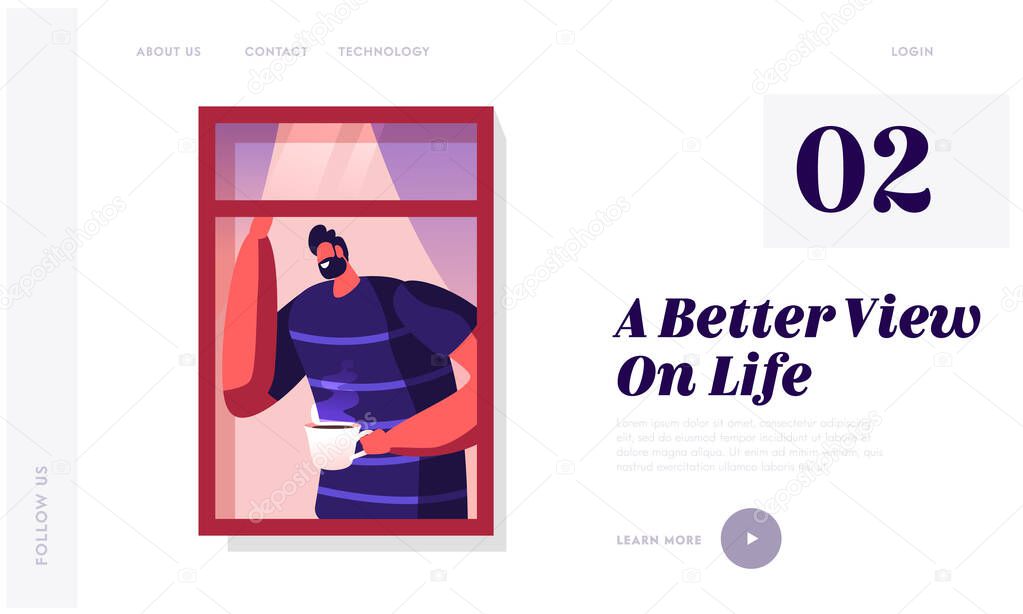 Morning Routine or Weekend Spare Time Website Landing Page. Smiling Bearded Man Looking Out of Open Window on Street with Cup of Tea or Coffee in Hand Web Page Banner. Cartoon Flat Vector Illustration