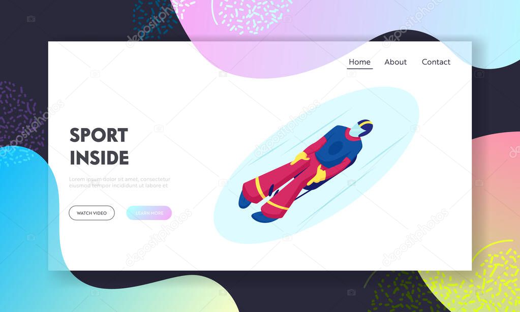 Skeleton Sport Website Landing Page. Athlete Lying on Sleigh Face Up Descend on Ice Track Sportsman Riding Sled Take Part in Olympic Game Winter Sports Web Page Banner Cartoon Flat Vector Illustration
