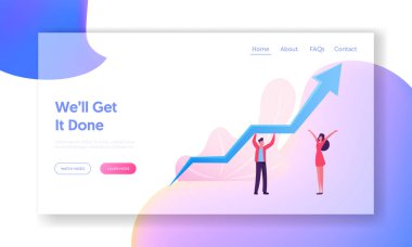 Finans Büyüme Web Sitesi İniş Sayfasında İş Karakterleri Ekibi. İşadamları Büyüyen Ok 'u Tutuyor. Finansal Başarı, İşbirliği Ortaklığı Web Sayfası Afişi. Çizgi film Düz Vektör İllüstrasyonu