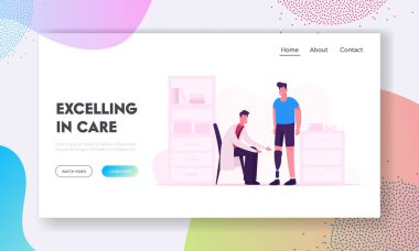 Klinik Web Sitesi İniş Sayfasında Engelli Adam Eğlencesi. Gülümseyen Doktor ile Hasta Bacağı Protezi Hastane Ofisinde Rehabilitasyon Web Sayfası Afiş Çizgi Filmi Düz Vektör İllüstrasyonu