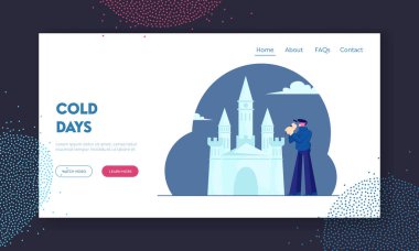 Buz Heykeli Yapan Sanatçı Web Sitesi İniş Sayfası. Kış Tatil Parkı için Çekiç veya Şenlik Dekorasyonu ile Şato Yapan Genç Adam. Çizgi film Düz Vektör İllüstrasyon Web Sayfa Sancağı.