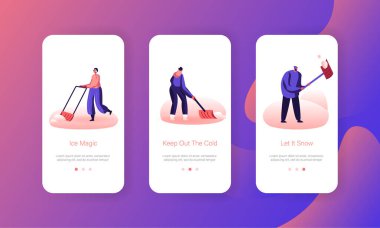 Kar yağışlı Mobil Uygulama Sayfası Ekran Ayarından sonra İnsanlar Kar 'ı Sokaktan Kaldırıyor. Neighbors Cleaning Road with Shovels and Snowblower Concept for Website or Web Page, Cartoon Flat Vector Illustration