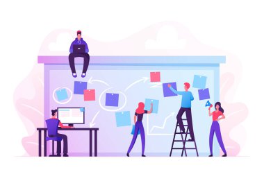 Şirket İşletme Ekibi Büyük Bahar Masasında Birlikte Planlama ve Çalışma Gündemini Ayarlıyor. Kağıt Çarşaflara İşaretler ve Yapıştırma Merdiven Üzerinde Duruyor. Çizgi film Düz Vektör İllüstrasyonu