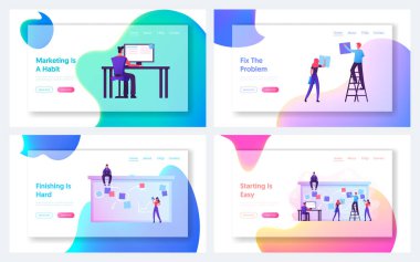 Ofis Günü ve İş Günlüğü Planlayıcı Web Sitesi İniş Sayfası Seti. İş Adamları Planlama Programı Büyük Zaman Çizelgesi. Zaman Yönetimi Takım Çalışması Web Sayfası Afişi. Çizgi film Düz Vektör İllüstrasyonu