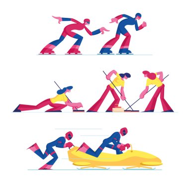 Kıvırcık, Hızlı Patinaj ve Bobsleigh Spor Yarışmaları Beyaz Arkaplanda İzole Edildi. Spor Giyim Turnuvası 'nda spor erkekler ve spor kadınları yarışıyor. Çizgi film Düz Vektör İllüstrasyonu, Klip Sanatı