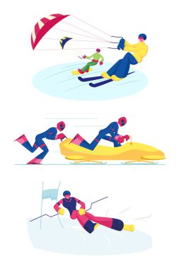 Snowkiting, Bobsleigh ve Slalom Kinds of Sport. Sporcular kayak yapıyor ve Uçurtma ile Snowboard yapıyorlar. Bob, Kayakçı Adam Tepelere Gidiyor 'da yarışmacılar. Çizgi film Düz Vektör İllüstrasyonu, Klip Sanatı