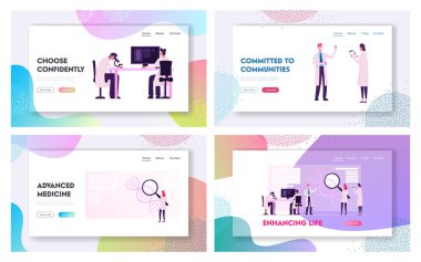 Genetik Laboratuvarı İniş Sayfası Set. Dna Molekül ile çalışan bilim adamları, Bilimsel Araştırma ve Araştırma Web Sayfası Bannerı için Yüksek Teknolojik Ekipman Kullanıyorlar. Çizgi film Düz Vektör İllüstrasyonu