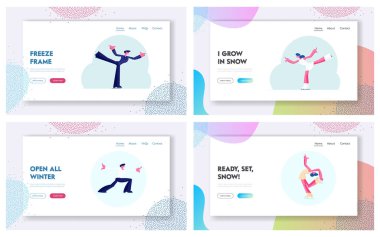 Kış Spor Figürü Buz Pateni Etkinliği Web Sitesi İniş Sayfası Seti. Sporcu ve Sporcu Kadın Buz Paten Programı 'nda gösteri yapıyorlar. Rekabet web sayfası afişi. Çizgi film Düz Vektör İllüstrasyonu