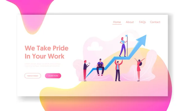 リーダーシップ、投資成長ランディングページ。巨大な成長の矢印の周りに働くビジネスチーム。リーダーフラッグを先頭に立ちます。ビジネスマンチームワークのウェブページ｜バナー漫画フラットベクトルイラスト — ストックベクタ