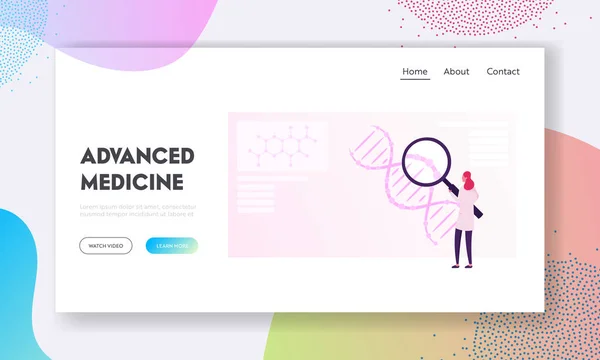 Pesquisa Científica em Ancestry Genetics Site Landing Page. Mulher Olhe para enormes genes de teste de moléculas de ADN no laboratório. Genômica ou herança biológica Web Page Banner Cartoon Flat Vector Ilustração —  Vetores de Stock