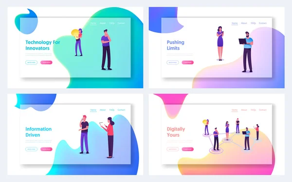 Kommunicera människor folkmassa med hjälp av Internet-tjänster webbplats Landning sida. Män och kvinnor med smartphones Bärbara datorer och prylar Chattar SMS Walking Web Page Banner. Tecknad platta vektor Illustration — Stock vektor