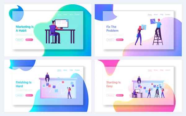 공식 웹 사이트 landing page set. 사업을 하는 사람들은 시간표를 계획합니다. 시간 관리 팀 워크 개념의 웹 페이지 배너. 만화 평면 벡터 일러스트 — 스톡 벡터