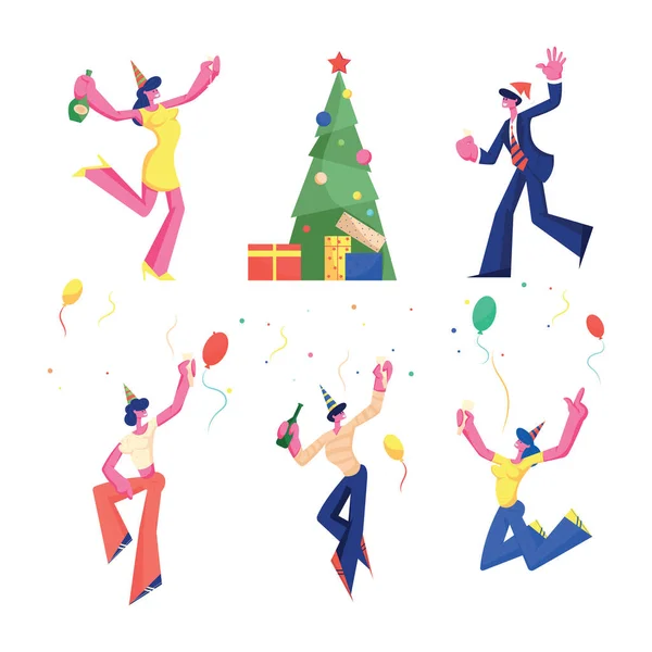 誕生日、新年、クリスマスのお祝いセット。シャンパンギフトで幸せな人々のパーティーの楽しみ装飾されたクリスマスツリーとコンフェッティ。男性女性ジャンプとダンス漫画フラットベクトルイラスト,クリップアート — ストックベクタ