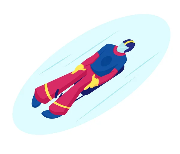 Skeleton Sport. Athlete in Sportswear and Helmet Lying on Sleigh Face Up Descend on Ice Track Sportsman Riding Sled Take Part in Olympic Game Winter Sports Competition Cartoon Flat Vector Illustration — Stock Vector