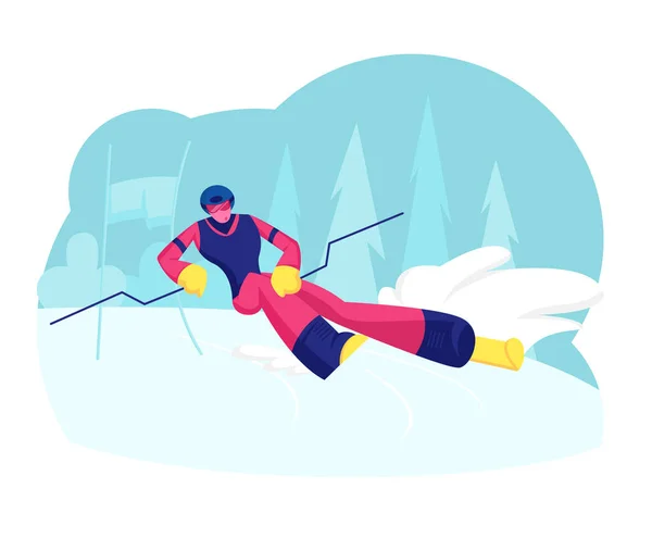 Ski Slalom Sporty Zimowe. Młody człowiek w sportowym stroju i kasku idzie w dół przez narty na tle natury. Na zewnątrz Wolny czas, Sport Aktywność zimowa. Ilustracja wektora płaskiego kreskówki — Wektor stockowy