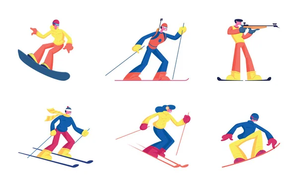 Conjunto de actividades deportivas de invierno aisladas sobre fondo blanco. Esquí Snowboard Biatlón Deportistas con Equipamiento Deportivo Esquís Snowboard y Rifle. Dibujos animados plana Vector Ilustración, Clip Art — Archivo Imágenes Vectoriales