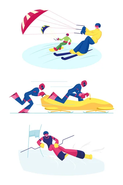Snowkiting, Bobsleigh és Ski Slalom sportágak készlete. Sportolók síelés és snowboard sárkánnyal. A versenyzők Bob, Man Skier Going Downhills. Rajzfilm lapos vektor illusztráció, Clip Art — Stock Vector