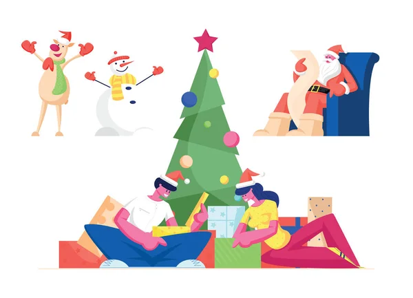 Christmas Celebration Set. Characters Celebrate New Year and Xmas Holidays. Man and Woman Opening Gifts, Santa Claus Read Letter, Reindeer and Snowman Singing Cartoon Flat Vector Illustration Clip Art — Stock Vector