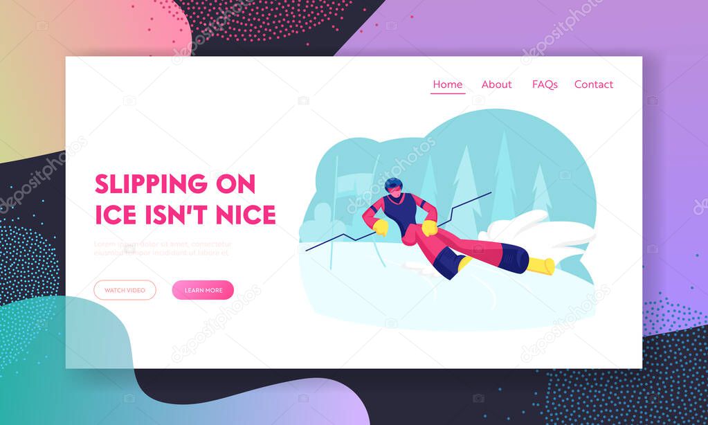 Ski Slalom Winter Sports Website Landing Page. Young Man Going Downhill by Skis on Nature Background. Outdoors Spare Time, Sport Wintertime Activity Web Page Banner. Cartoon Flat Vector Illustration