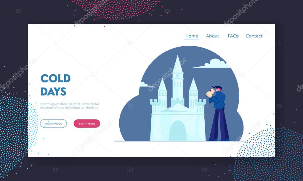 Artist Making Ice Sculpture Website Landing Page. Young Man Build Castle with Hammer for Exhibition or Festive Decoration for Winter Holidays Park. Cartoon Flat Vector Illustration Web Page Banner.