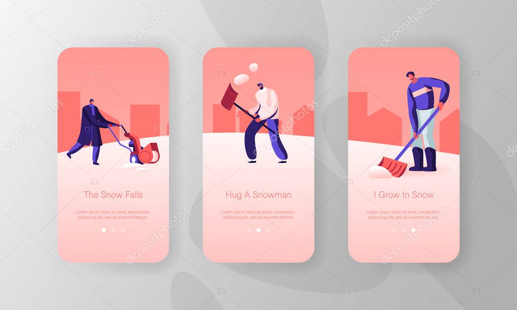 Winter Time Season Activity Mobile App Page Onboard Screen Set. Happy Friends or Neighbours Cleaning Ground from Snow with Shovels Concept for Website or Web Page, Cartoon Flat Vector Illustration