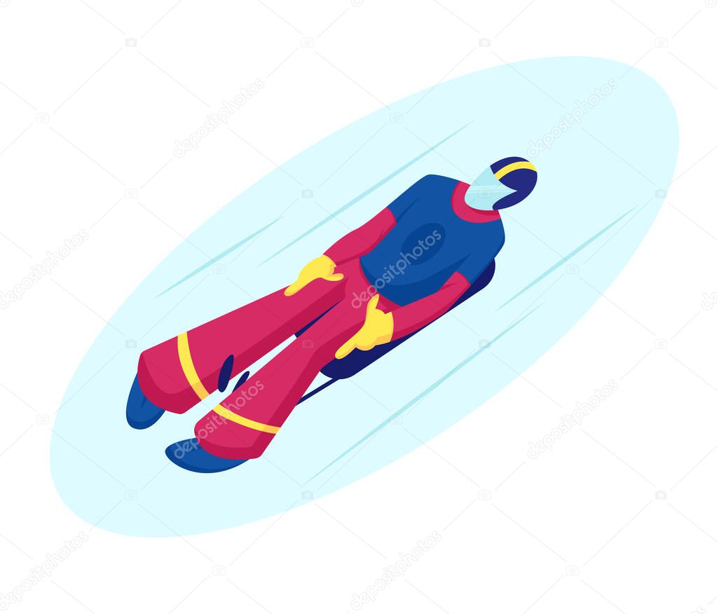 Skeleton Sport. Athlete in Sportswear and Helmet Lying on Sleigh Face Up Descend on Ice Track Sportsman Riding Sled Take Part in Olympic Game Winter Sports Competition Cartoon Flat Vector Illustration